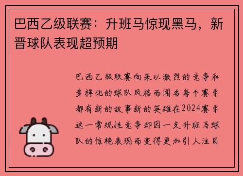 巴西乙级联赛：升班马惊现黑马，新晋球队表现超预期